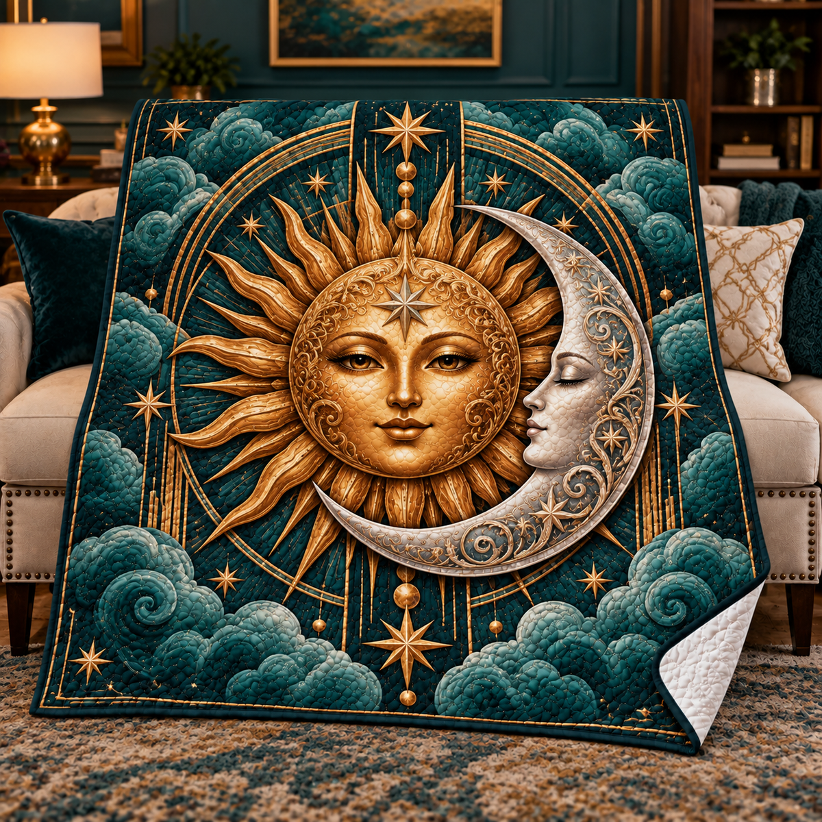 Solar Harmony Quilt Blanket with printed celestial optical 3D art in a coordinated lifestyle setting