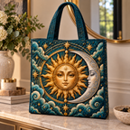 Solar Harmony Quilted Tote Bag with printed celestial optical 3D art in a coordinated lifestyle setting