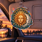 Solar Harmony Holographic Car Visor Clip with printed celestial optical 3D art in a coordinated lifestyle setting