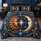 Celestial Focus Quilted Bedding Set with printed celestial optical 3D art in a coordinated setting