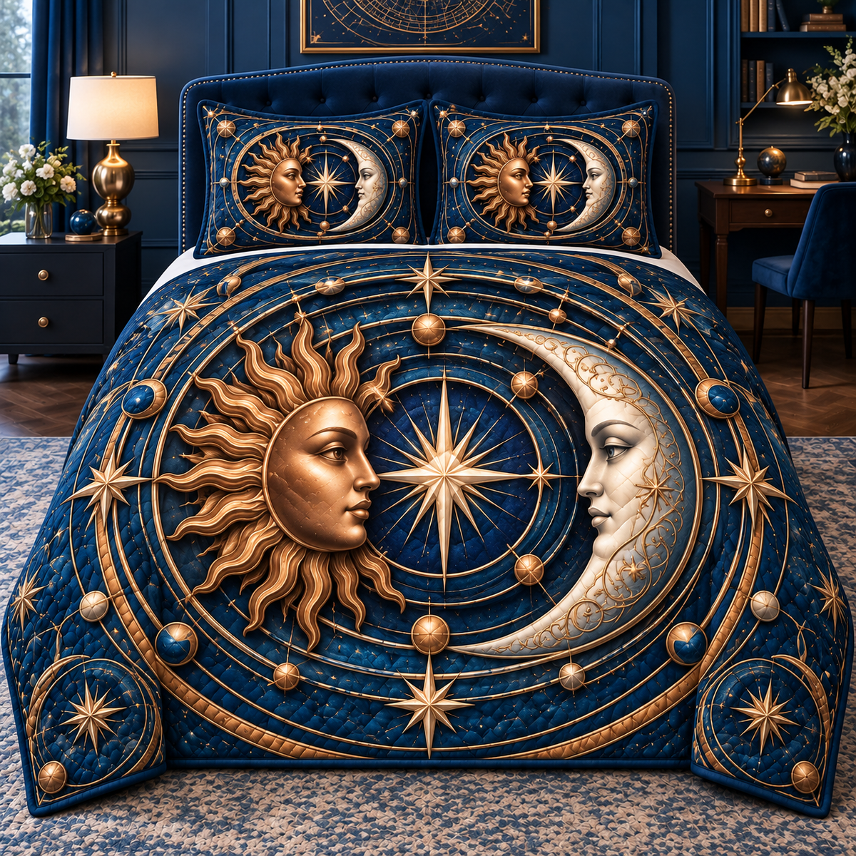 Celestial Focus Quilted Bedding Set with printed celestial optical 3D art in a coordinated setting