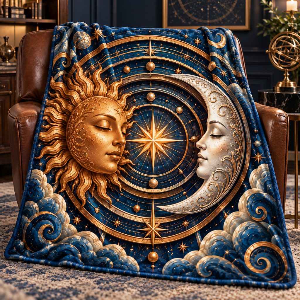 Celestial Focus Sherpa & Fleece Blanket with printed celestial optical 3D art in a coordinated setting