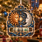 Celestial Focus Acrylic Cash Holder Ornament with printed celestial optical 3D art in a coordinated setting