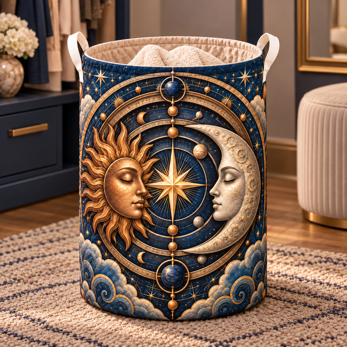 Celestial Focus Laundry Hamper with printed celestial optical 3D art in a coordinated setting