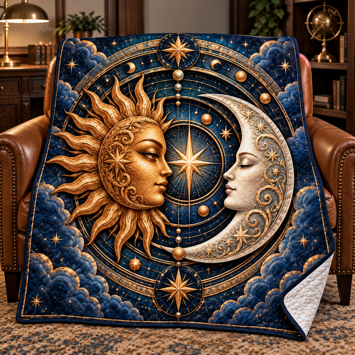 Celestial Focus Quilt Blanket with printed celestial optical 3D art in a coordinated setting