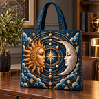 Celestial Focus Quilted Tote Bag with printed celestial optical 3D art in a coordinated setting