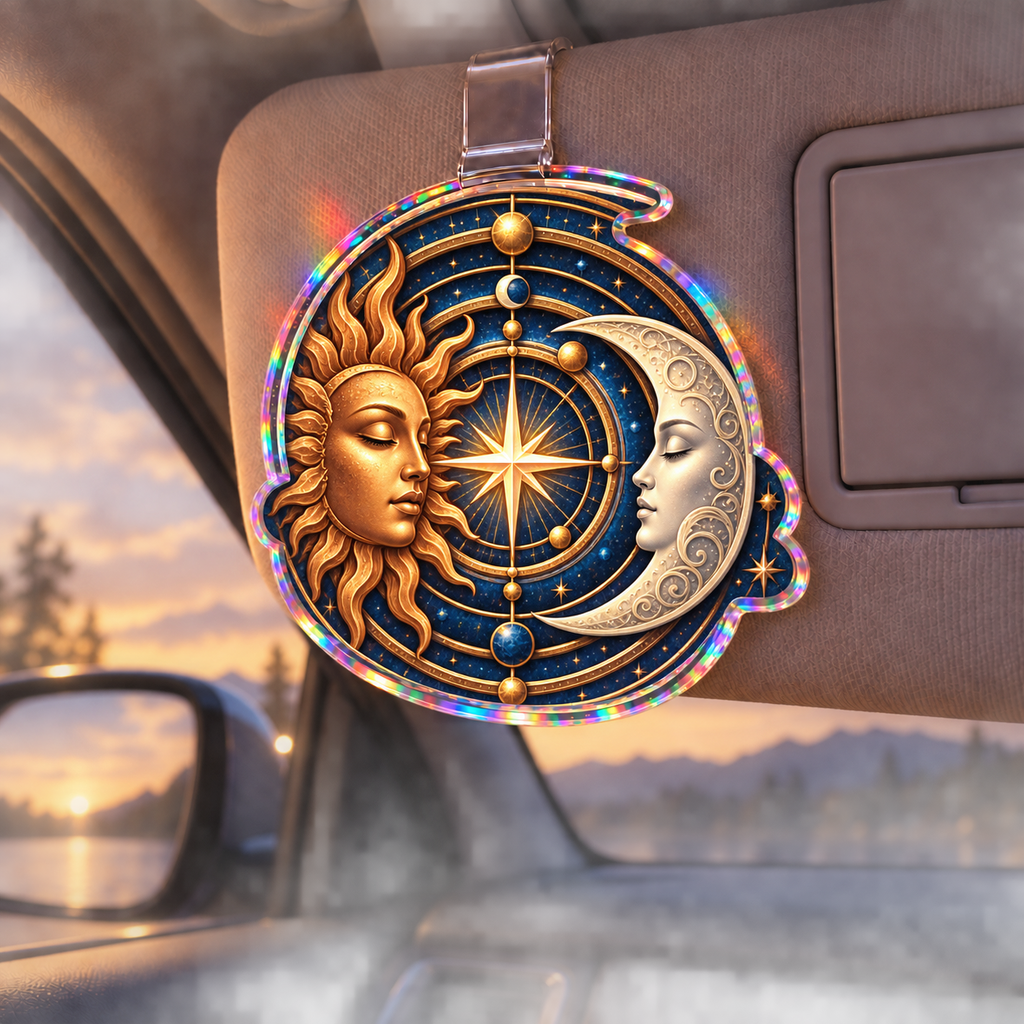 Celestial Focus Holographic Car Visor Clip with printed celestial optical 3D art in a coordinated setting