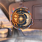 Celestial Focus Holographic Car Visor Clip with printed celestial optical 3D art in a coordinated setting