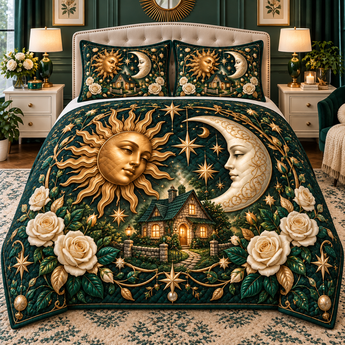 Celestial Haven Quilted Bedding Set with printed optical 3D celestial cottage artwork