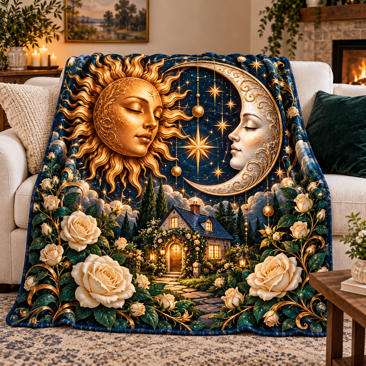 Celestial Haven Sherpa & Fleece Blanket with printed optical 3D celestial cottage artwork