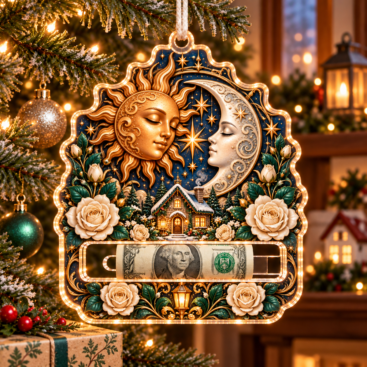 Celestial Haven Acrylic Cash Holder Ornament with printed optical 3D celestial cottage artwork