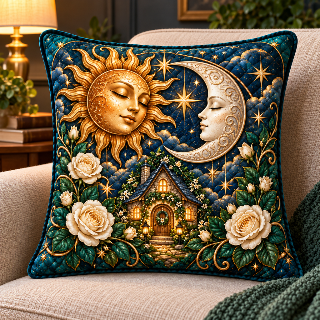 Celestial Haven Quilted Cushion Cover with printed optical 3D celestial cottage artwork