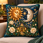 Celestial Haven Quilted Cushion Cover with printed optical 3D celestial cottage artwork