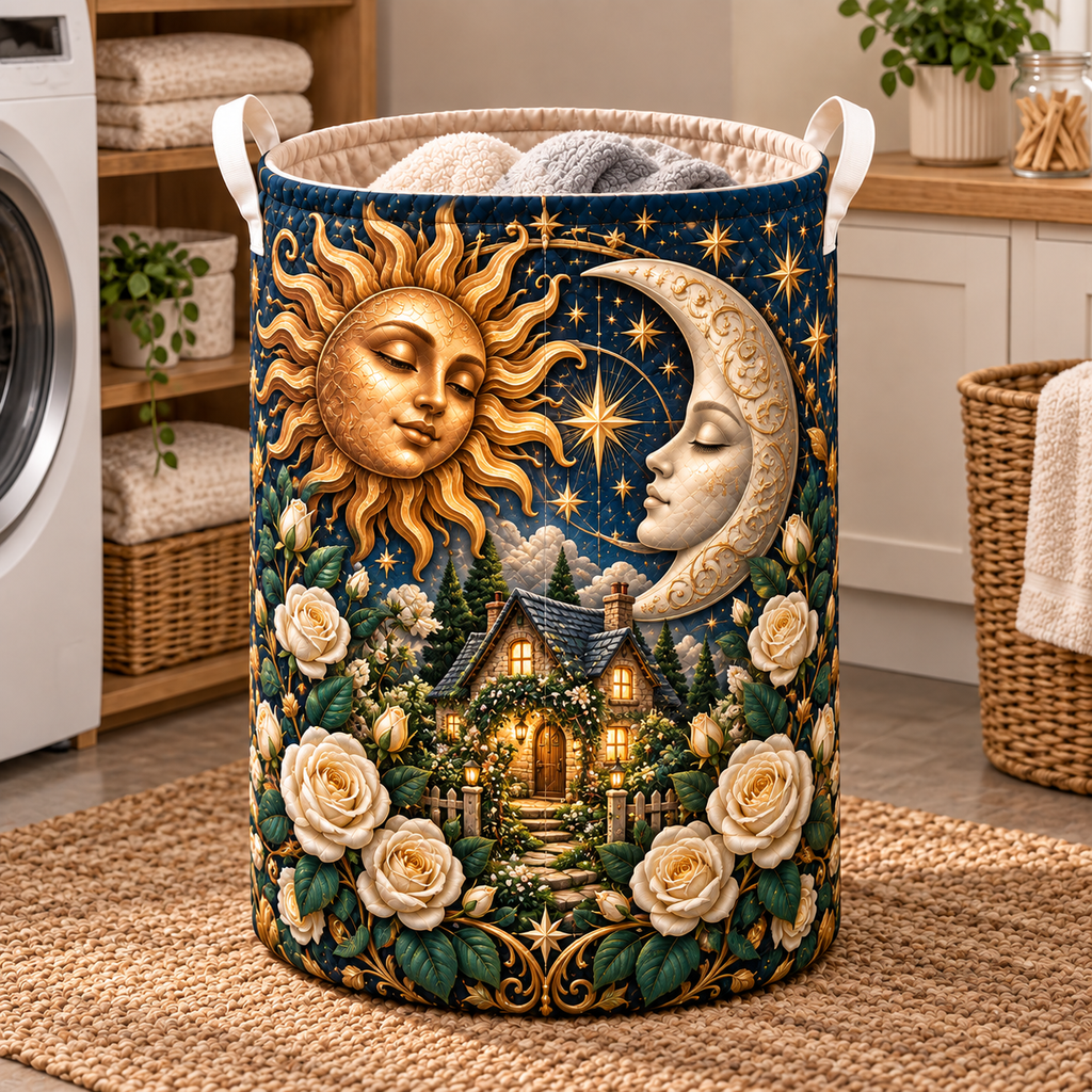 Celestial Haven Laundry Hamper with printed optical 3D celestial cottage artwork