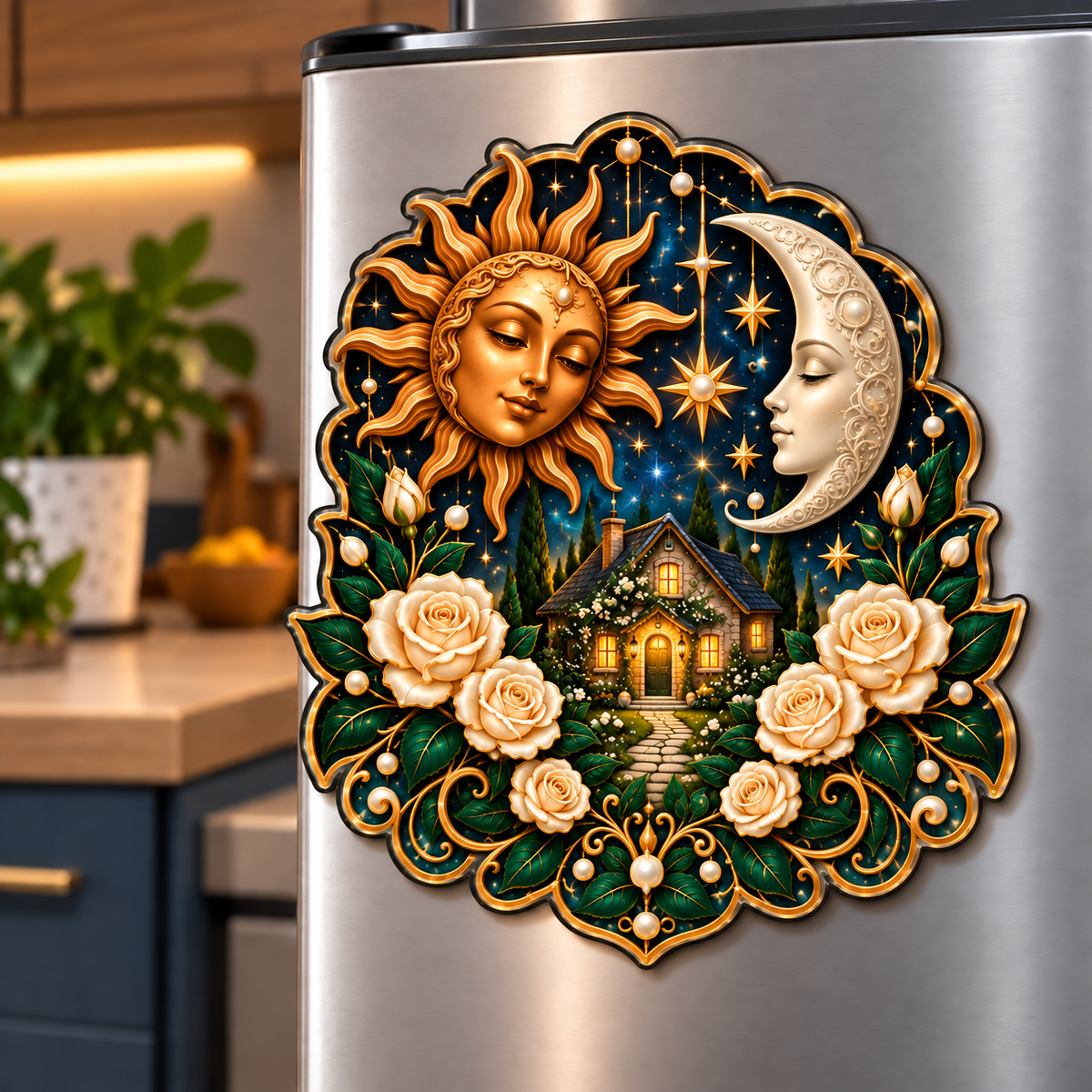 Celestial Haven Acrylic Refrigerator Magnet with printed optical 3D celestial cottage artwork