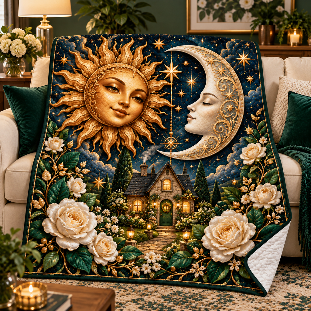 Celestial Haven Quilt Blanket with printed optical 3D celestial cottage artwork