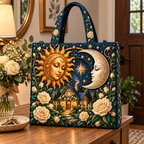 Celestial Haven Quilted Tote Bag with printed optical 3D celestial cottage artwork