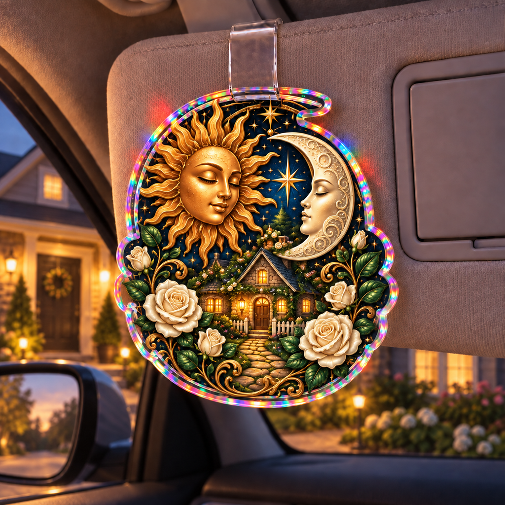 Celestial Haven Holographic Car Visor Clip with printed optical 3D celestial cottage artwork