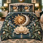Lunar Stillness Quilted Bedding Set with printed optical 3D celestial lotus artwork
