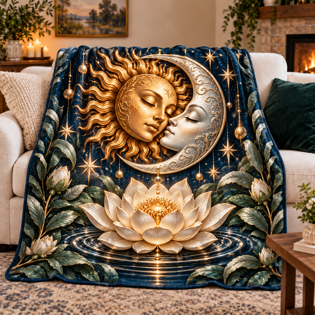 Lunar Stillness Sherpa & Fleece Blanket with printed optical 3D celestial lotus artwork