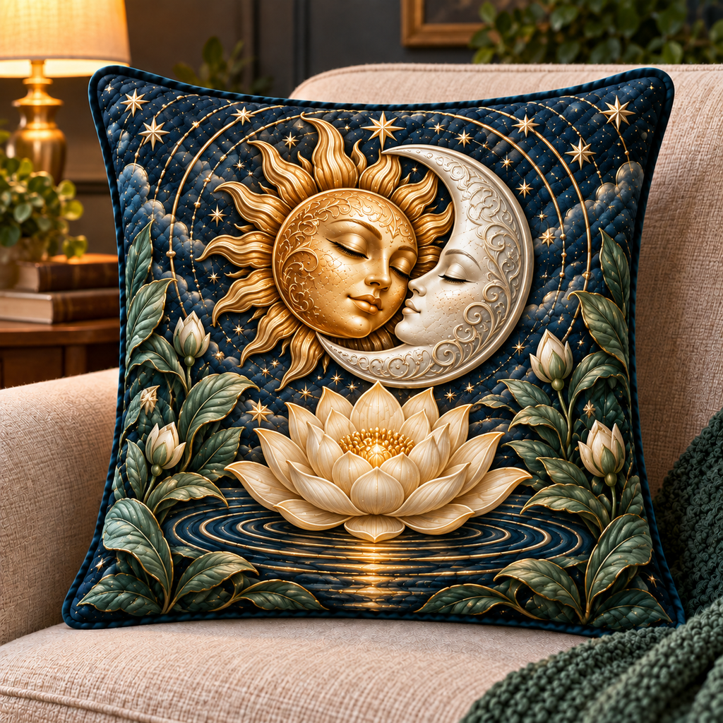 Lunar Stillness Quilted Cushion Cover with printed optical 3D celestial lotus artwork