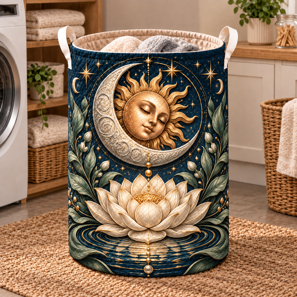 Lunar Stillness Laundry Hamper with printed optical 3D celestial lotus artwork