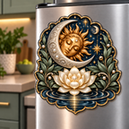 Lunar Stillness Acrylic Refrigerator Magnet with printed optical 3D celestial lotus artwork