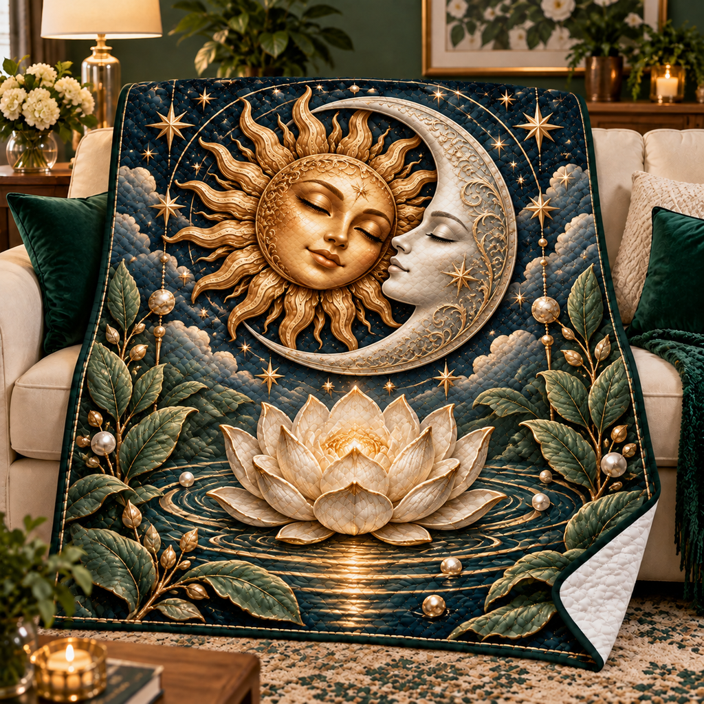 Lunar Stillness Quilt Blanket with printed optical 3D celestial lotus artwork