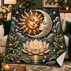 Lunar Stillness Quilt Blanket with printed optical 3D celestial lotus artwork