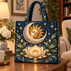 Lunar Stillness Quilted Tote Bag with printed optical 3D celestial lotus artwork