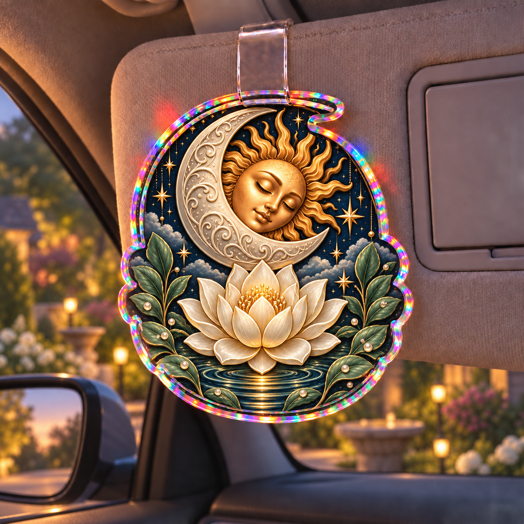Lunar Stillness Holographic Car Visor Clip with printed optical 3D celestial lotus artwork