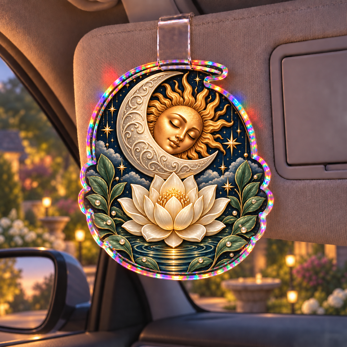 Lunar Stillness Holographic Car Visor Clip with printed optical 3D celestial lotus artwork