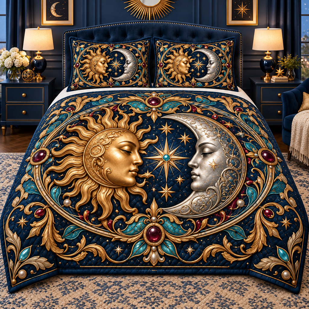 Celestial Treasury Quilted Bedding Set with flat printed celestial jewel-look optical 3D art