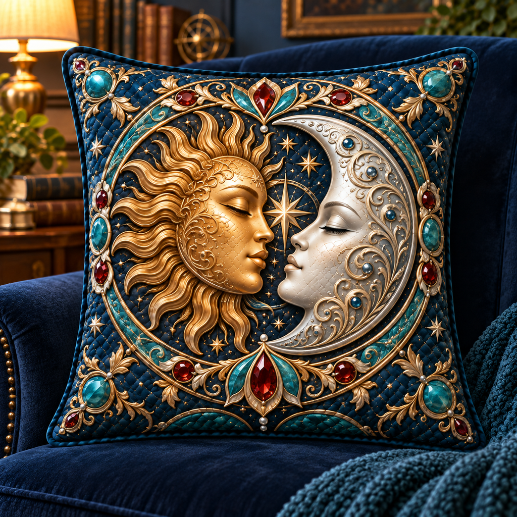 Celestial Treasury Quilted Cushion Cover with flat printed celestial jewel-look optical 3D art