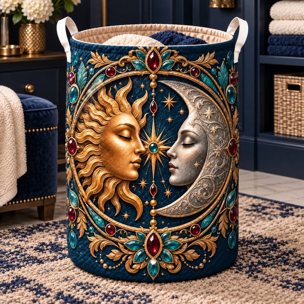 Celestial Treasury Laundry Hamper with flat printed celestial jewel-look optical 3D art