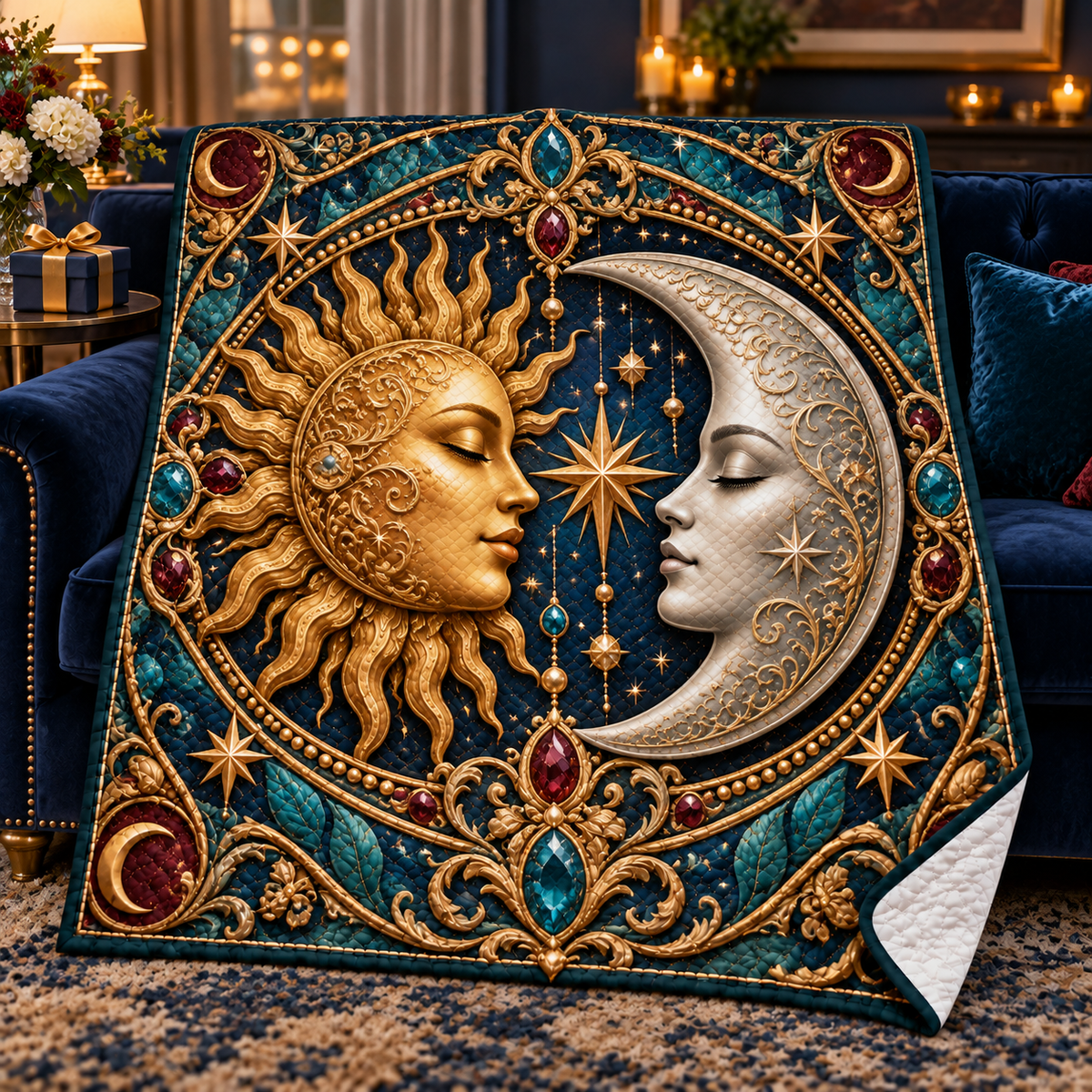 Celestial Treasury Quilt Blanket with flat printed celestial jewel-look optical 3D art