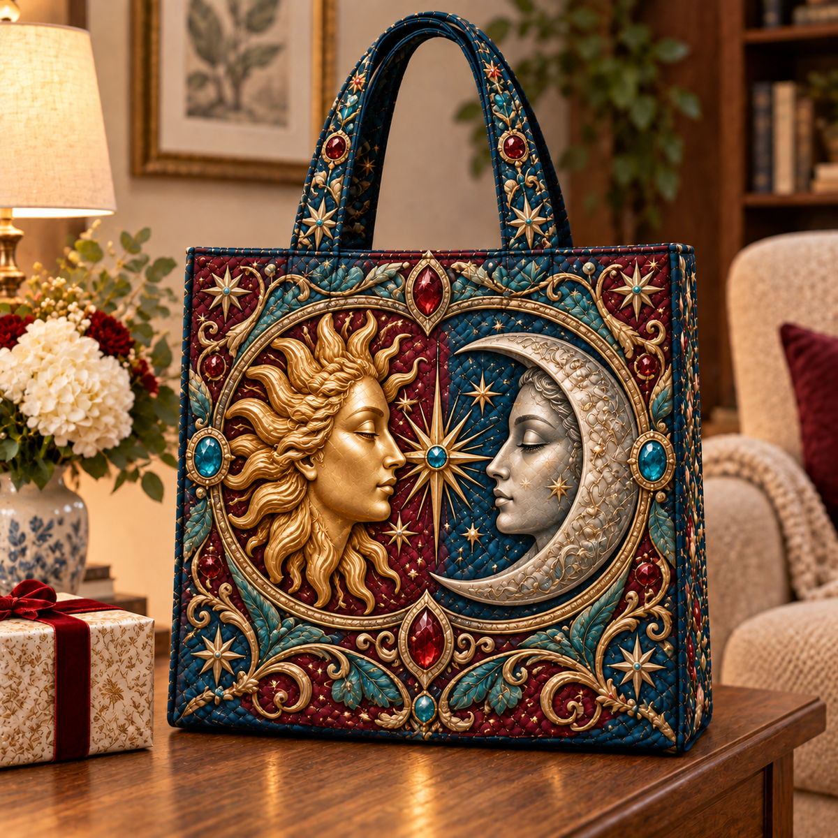 Celestial Treasury Quilted Tote Bag with flat printed celestial jewel-look optical 3D art