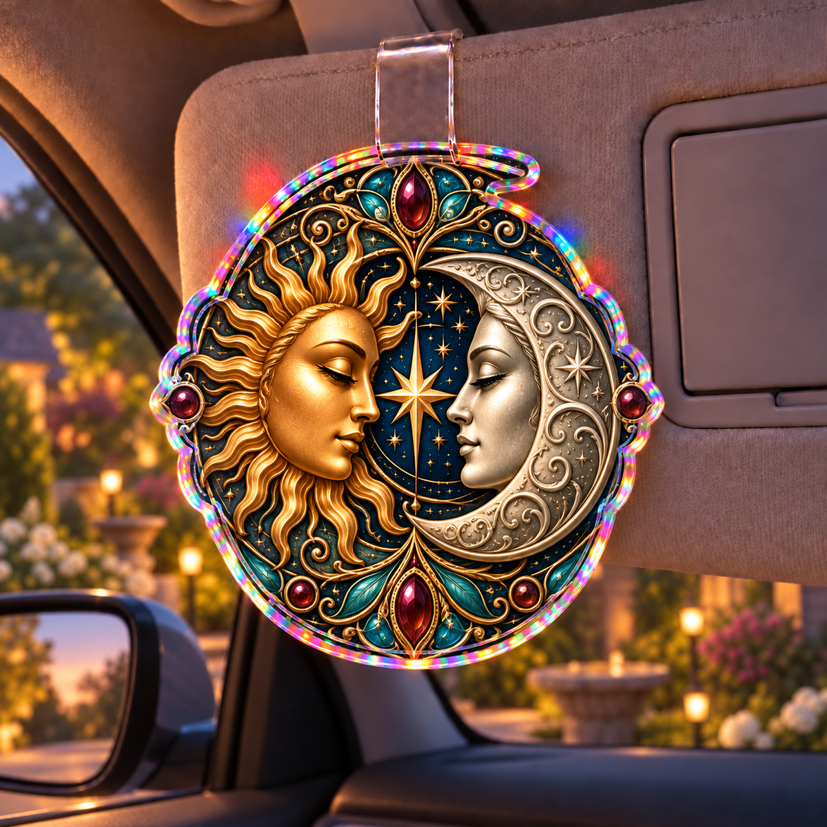 Celestial Treasury Holographic Car Visor Clip with flat printed celestial jewel-look optical 3D art