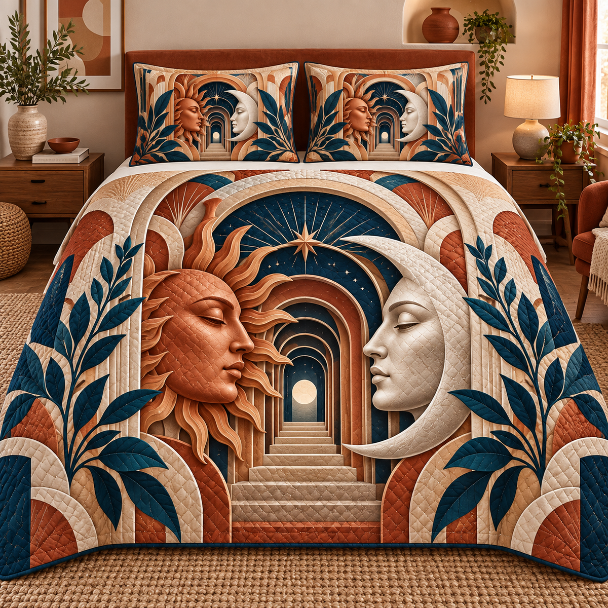 Celestial Atelier Quilted Bedding Set with printed optical 3D artwork in its use setting