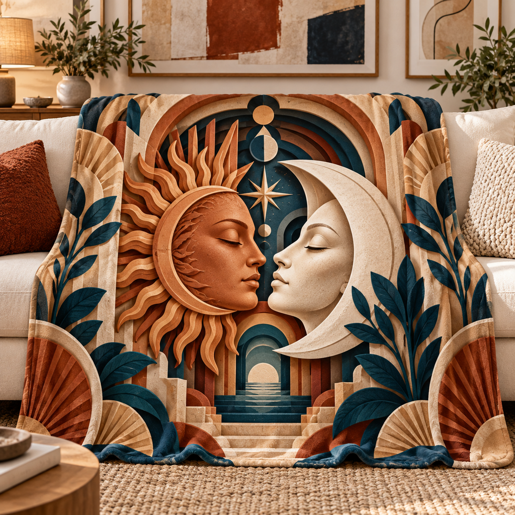 Celestial Atelier Sherpa & Fleece Blanket with printed optical 3D artwork in its use setting