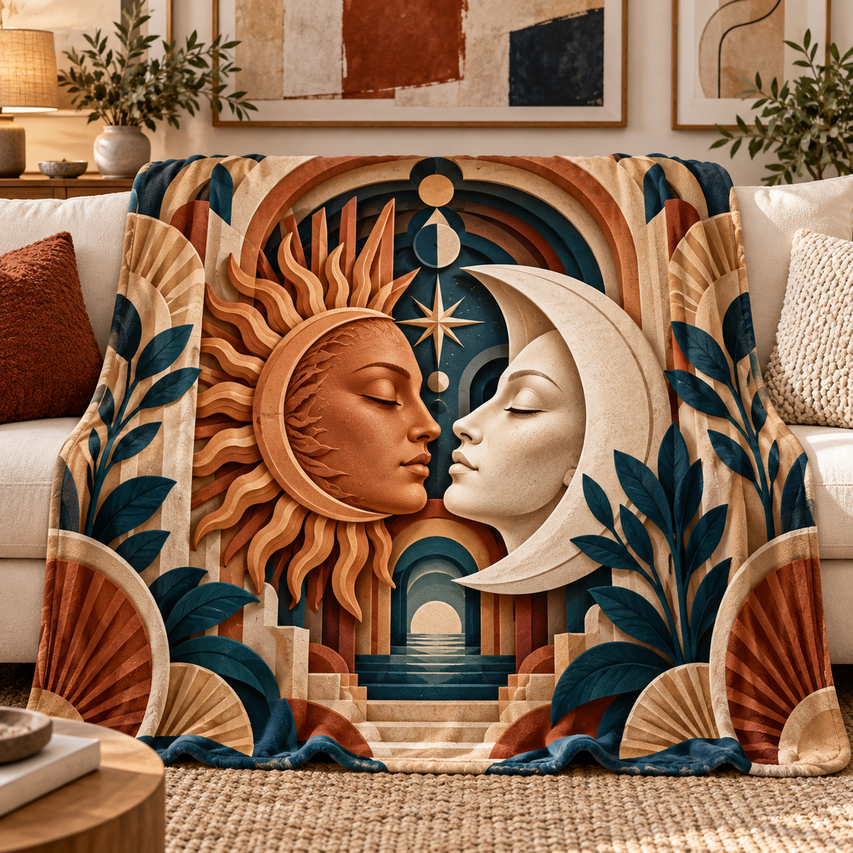 Celestial Atelier Sherpa & Fleece Blanket with printed optical 3D artwork in its use setting