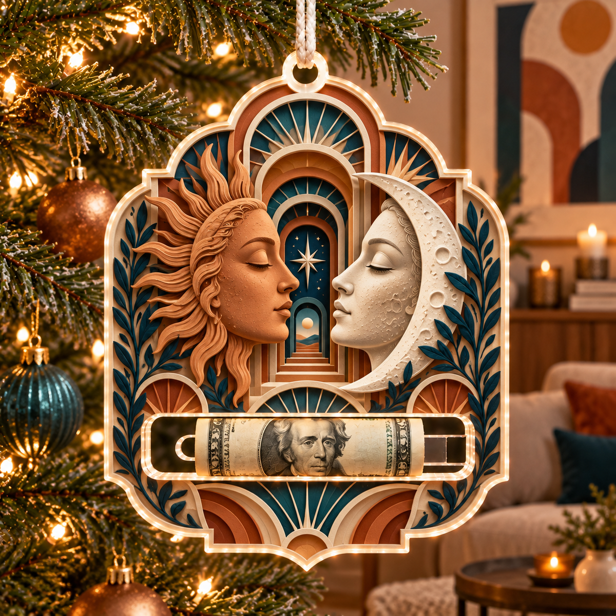 Celestial Atelier Acrylic Cash Holder Ornament with printed optical 3D artwork in its use setting