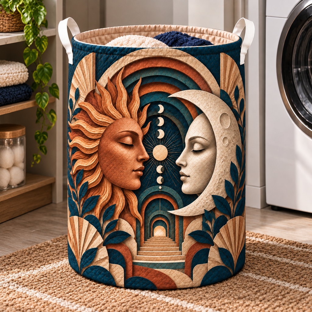 Celestial Atelier Laundry Hamper with printed optical 3D artwork in its use setting