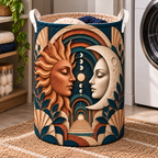 Celestial Atelier Laundry Hamper with printed optical 3D artwork in its use setting