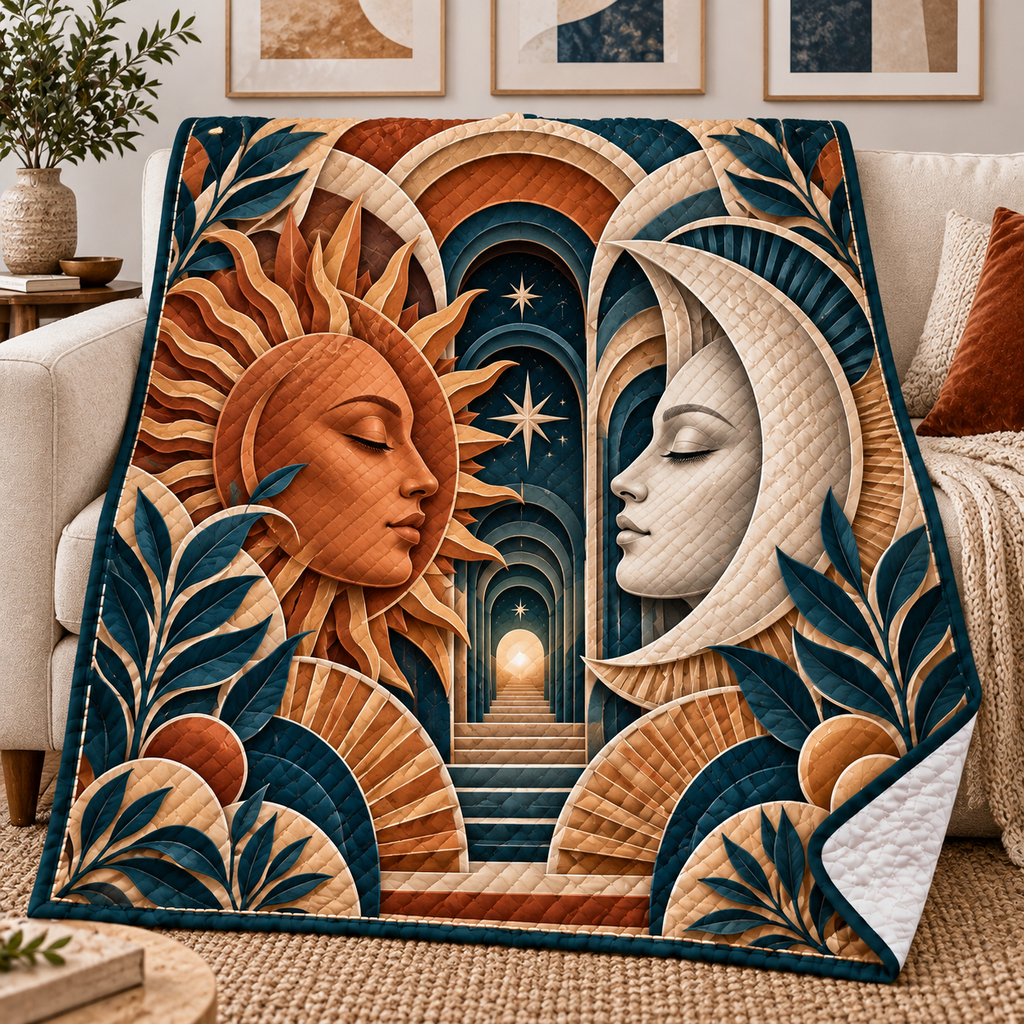 Celestial Atelier Quilt Blanket with printed optical 3D artwork in its use setting