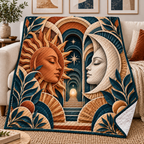 Celestial Atelier Quilt Blanket with printed optical 3D artwork in its use setting