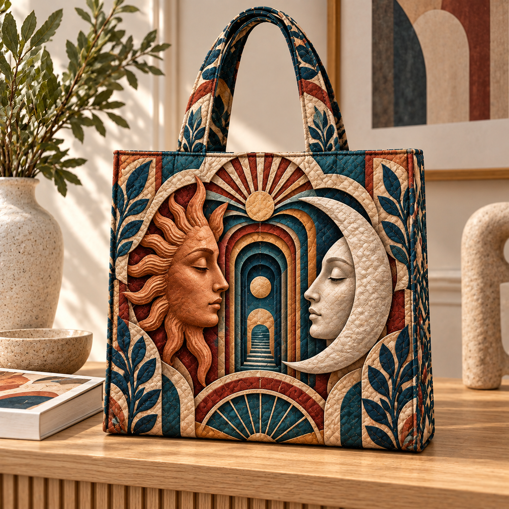 Celestial Atelier Quilted Tote Bag with printed optical 3D artwork in its use setting