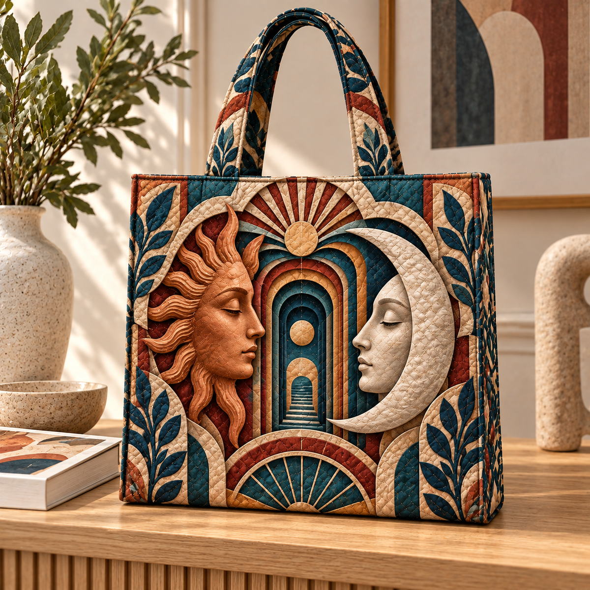 Celestial Atelier Quilted Tote Bag with printed optical 3D artwork in its use setting