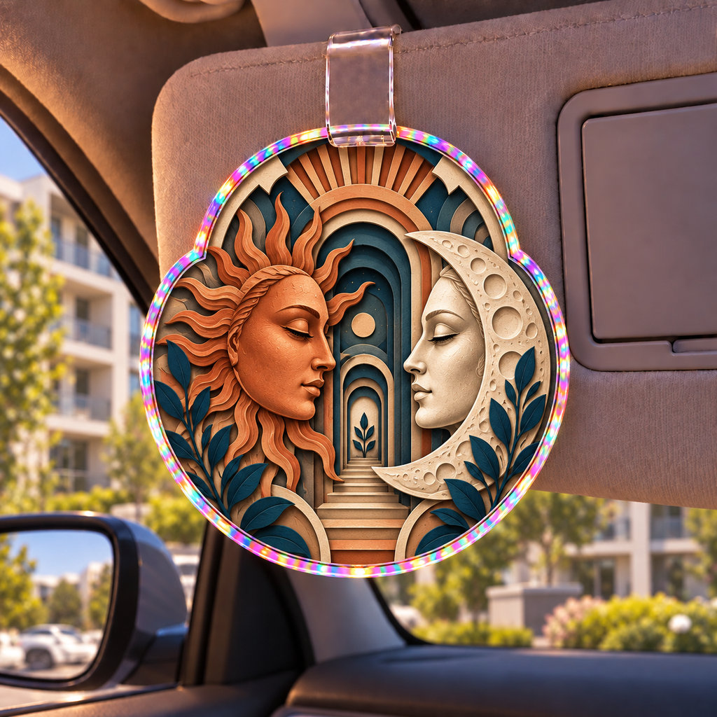 Celestial Atelier Holographic Car Visor Clip with printed optical 3D artwork in its use setting