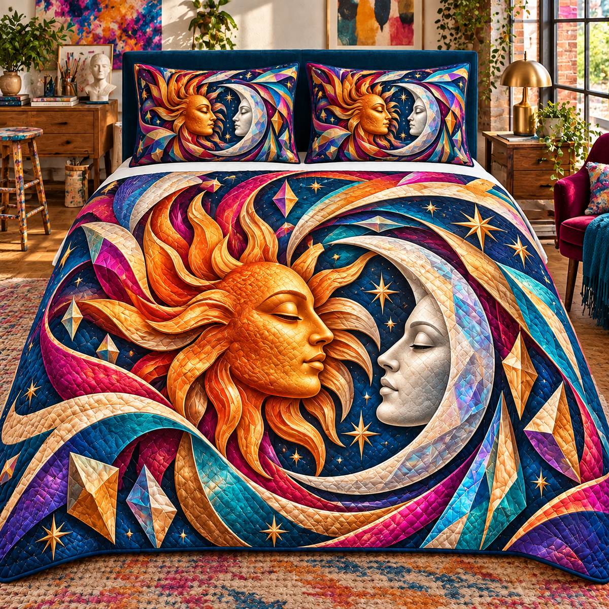 Prismatic Muse Quilted Bedding Set with printed optical 3D artwork in its use setting